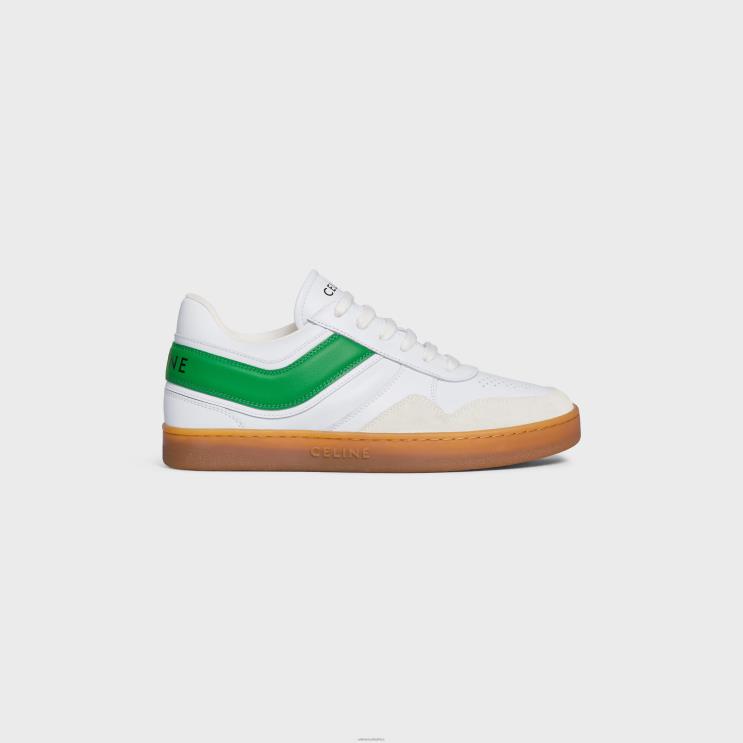 CELINE Optic White/Flash Green/Beige Trainer Low Lace-Up Sneaker in Calfskin & Suede Calfskin R0ZNN1010