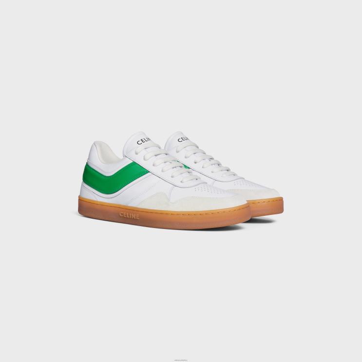 CELINE Optic White/Flash Green/Beige Trainer Low Lace-Up Sneaker in Calfskin & Suede Calfskin R0ZNN1010